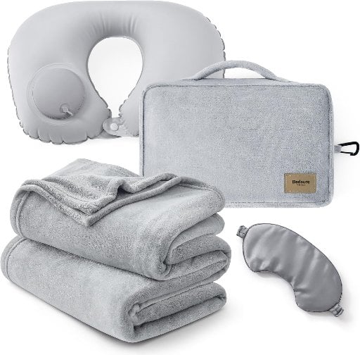 Bedsure 4-Pc Travel Blanket Set w/ Inflatable Neck Pillow, Eye Mask & Storage Bag (Grey) Deal