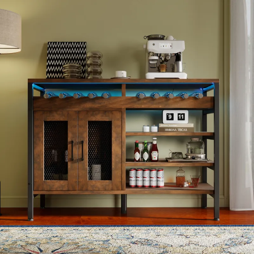 47" Vintage Wood Bar Cabinet with Power Outlets and LED Lights Brown