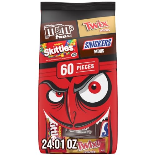 M&M'S Milk Chocolate, SNICKERS, SKITTLES Original & TWIX Fun Size and Minis Trick or Treat Halloween Candy Variety Pack, 60 Ct Deal