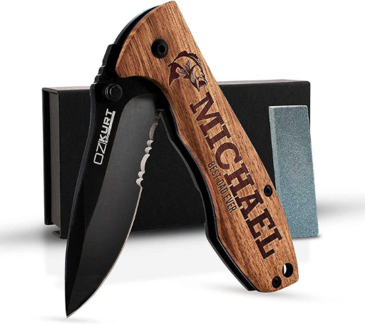 Personalized Oak Wood Pocket Knife with Name and Icon
