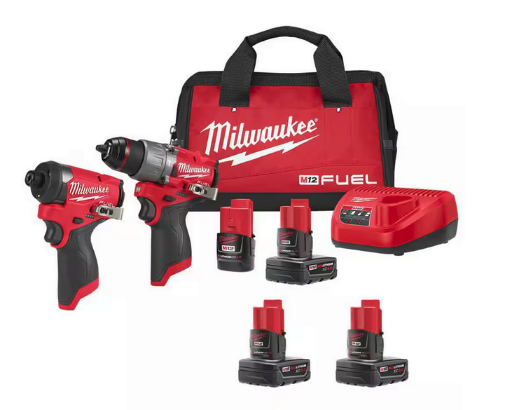 Milwaukee M12 FUEL Hammer Drill and Impact Driver Combo Kit w/4 Batteries and Bag