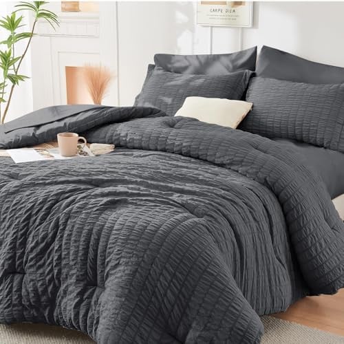 Queen Comforter Set Seersucker 7 Pieces, Dark Grey Deal