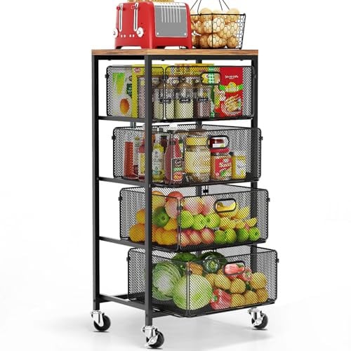 4-Tier Goovilla Metal Rolling Kitchen Cart w/ Drawers & Wooden Top (Black)