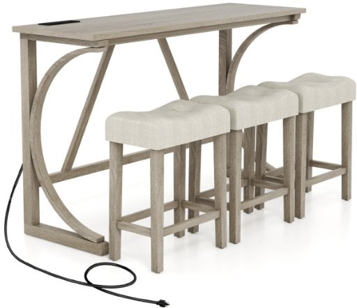 4-Piece Costway Bar Table Set w/ Upholstered Stools & Power Outlet