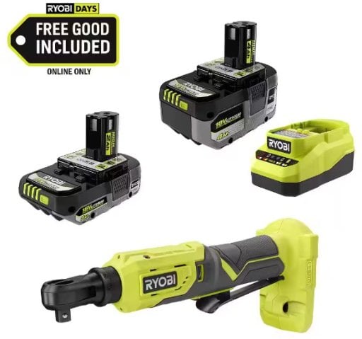 Ryobi ONE+ 18V Cordless 3/8 in. Ratchet Kit with 2.0 Ah Battery, 4.0 Ah Battery, and Charger Deal