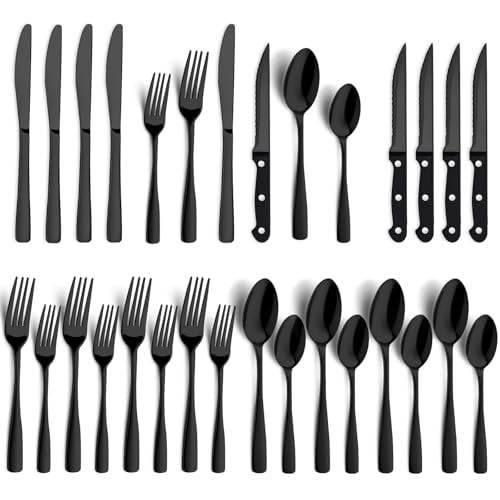 BEWOS Black Stainless Steel Flatware Set with Steak Knives (24-Pc) Deal