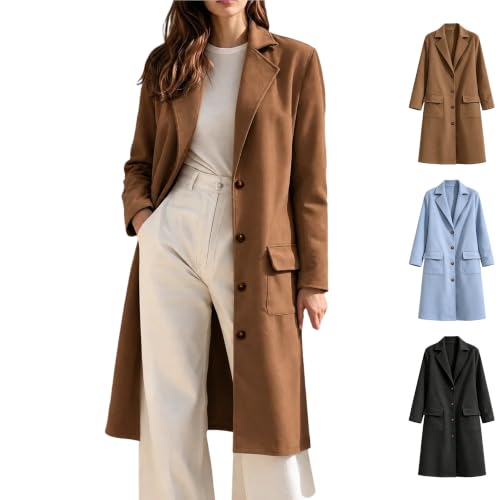 Women's Long Tailored Coat Notch Lapel Button Front Classic Overcoat