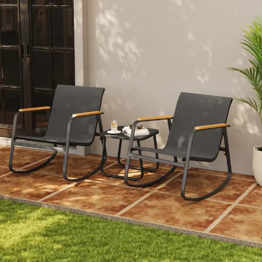 3 Piece Outdoor Patio Set with Textilene Rocking Chairs and Solid Wood Armrests Deal