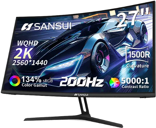 Sansui 27" Curved WQHD 200Hz VA Adaptive-Sync Gaming Monitor, Black