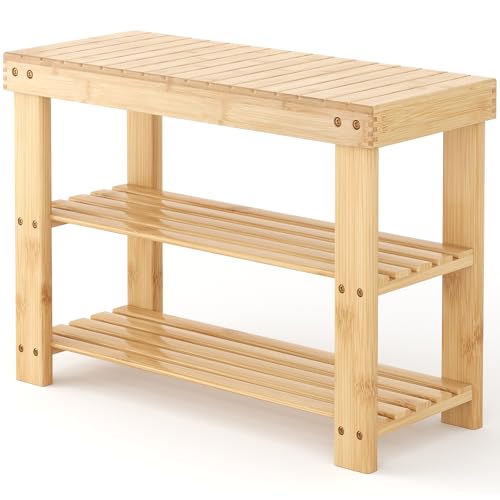 NEWBULIG 3-Tier 28" 100% Bamboo Shoe Rack Bench Organizer, 280lb Capacity