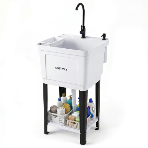 Costway 14.5 Gal Utility Sink Laundry Tub with Rotating Faucet and Adjustable Legs