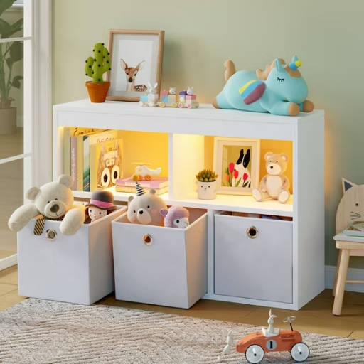Pinmoco 5-Cube Reversible Open LED Kids Toy Storage Organizer with Three Marbled Fabric Drawers Deal
