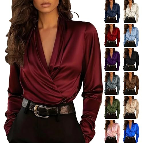 Satin V Neck Long Sleeve Tops 