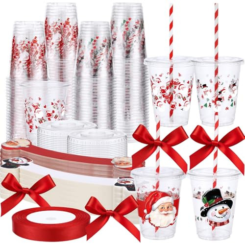 60-Pack 12 oz Christmas Plastic Cups with Lids, Sleeves, and Straws