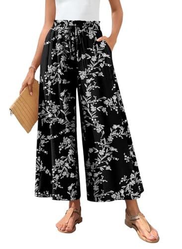 Bestbee Womens Palazzo Pants Dressy Casual Wide Leg Gaucho Pant Business Flowy Slacks Elastic Waist with Pockets, L, Black-White Flower Deal
