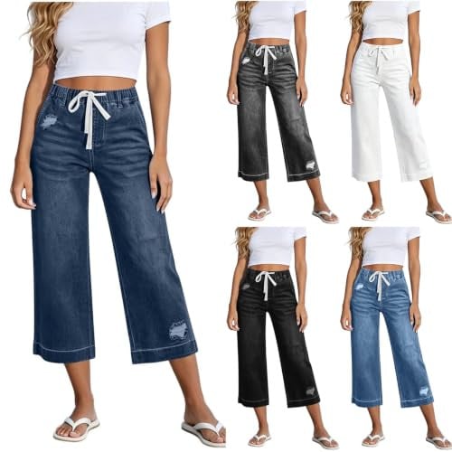 Drawstring Elastic Waist Wide Leg Cropped Jeans    Deal