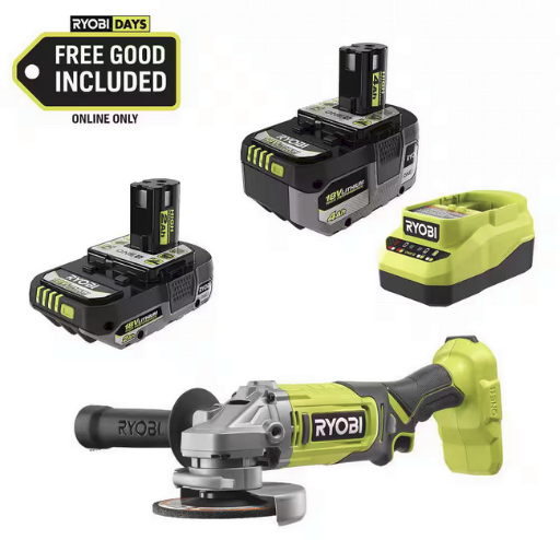 RYOBI ONE+ 18V HIGH PERFORMANCE Kit w/ 4.0 Ah Battery, 2.0 Ah Battery, Charger, & FREE ONE+ Cordless 4-1/2" Angle Grinder Deal