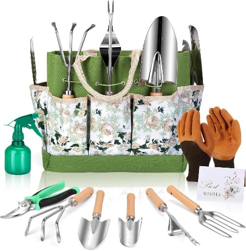Gardening Tools Set of 10, Heavy Duty Stainless Steel Garden Hand Tools with Tote Bag Deal