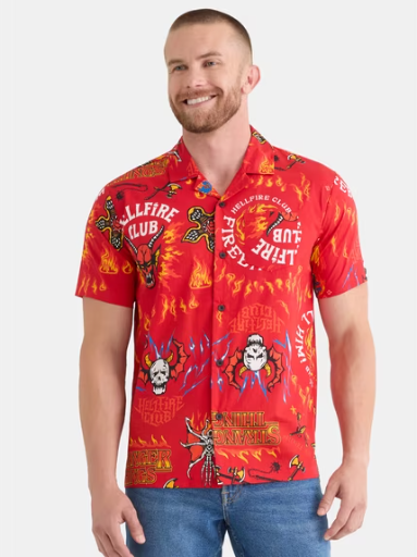 Netflix Stranger Things Men's and Big Men's 100% Cotton Poplin Short Sleeve Hellfire Club Print Button-Up Shirt (Sizes XS-3XL) Deal