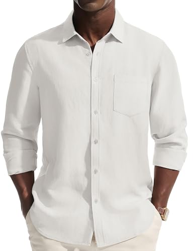Mens Linen Blend Long Sleeve Button Down Dress Shirts Deal