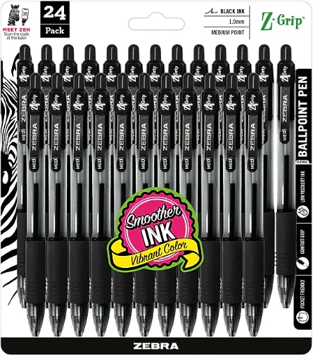 Zebra Z-Grip Retractable Ballpoint Pens, Medium Point, 1.0mm, Black Ink, 24-Pack
