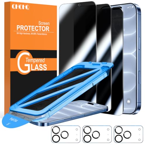 QHOHQ iPhone 18 Pro Privacy Tempered Glass Screen Protector 3-Pack w/ Camera Lens Protector 3-Pack