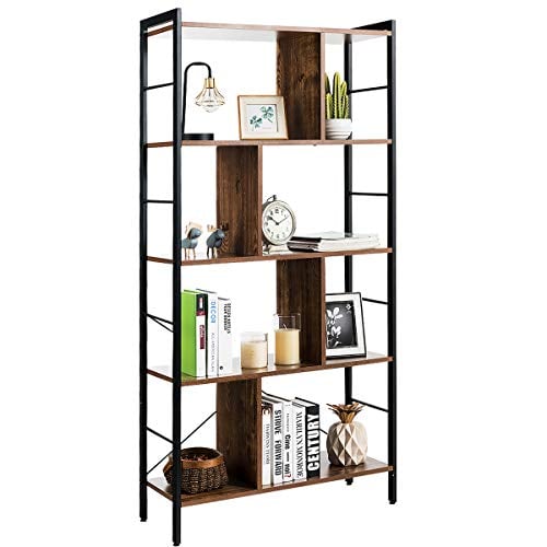 61" Giantex 5-Tier Bookshelf w/ Metal Frame & Shelf Dividers (Rustic Brown)