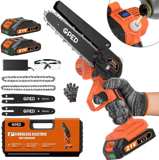 GPED Mini Chainsaw, 6 inch with 2x 2Ah Batteries
