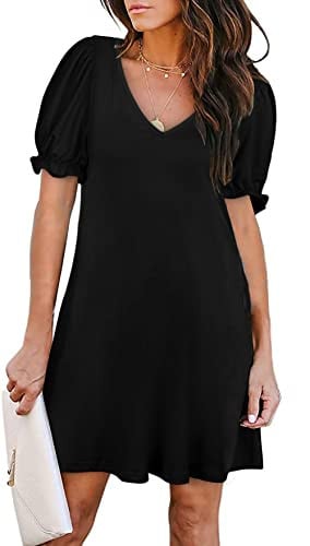 Aloodor Casual Short Sleeve V-Neck Dress with Pockets