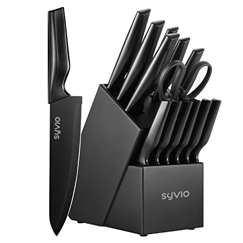 syvio 15-Piece Kitchen Knife Set w/ Block and Sharpener