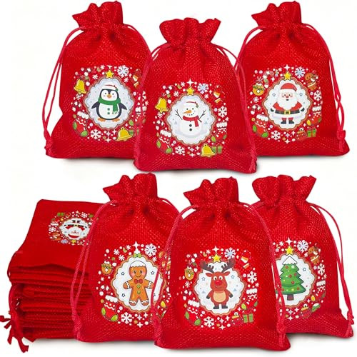 12-Piece Small Christmas Drawstring Gift Bags