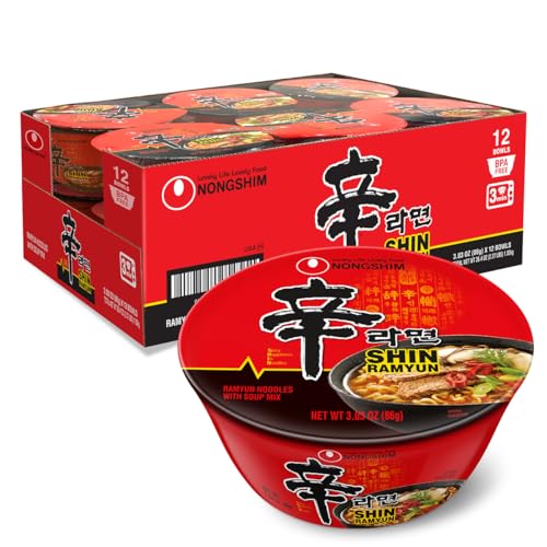 Nongshim Shin Ramyun Bowl Noodles, Spicy Korean Signature Instant Ramyun, Rich Beef Flavored Broth Microwaveable Bowl, 3.03 oz (Pack of 12) Deal