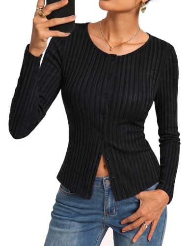 Kate Kasin Women's Ribbed Button-Up Slim Fit Long Sleeve Shirt Deal