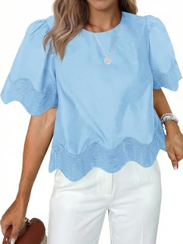 Tankaneo Womens Short Sleeve Crop Tops Summer Casual Scalloped Flowy Blouse Crewneck Ruffle Loose Fit T-Shirts Light Blue Deal