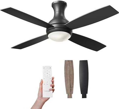 Consciot 52" Ceiling Fan with Light, Remote, Quiet DC Motor, Dimmable LED, Flush Mount, Modern Black