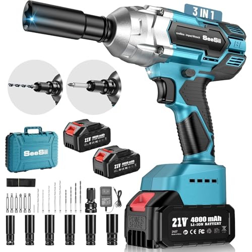 SEESII 1/2" 21V Cordless Brushless Impact Wrench w/ 2x 4.0Ah Batteries