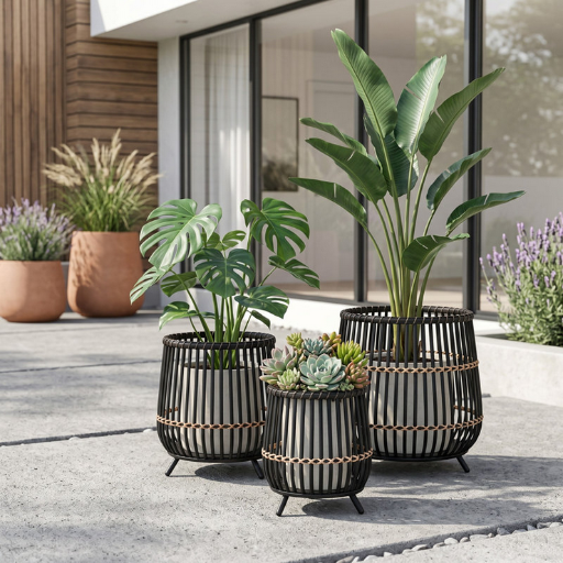 Modern Round Bamboo Wood Planters Set of 3 Deal