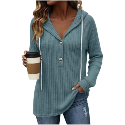 Hooded Ribbed Knit V Neck Long Sleeve Shirts  Deal