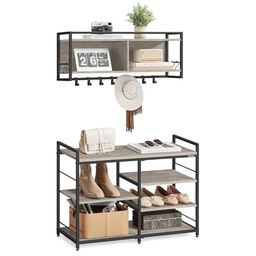 31.5" VASAGLE Entryway Hall Tree Set w/ Shoe Bench & Coat Rack (Heather Greige)