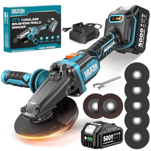 SEESII 21V Cordless Flathead Brushless 4-1/2" to 5" Angle Grinder Kit w/ 5.0Ah Battery & Charger
