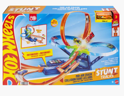 Hot Wheels Stunt Tracks Mid-Air Crash Playset w/ 1:64 Scale Die-Cast Car & Motorized Booster