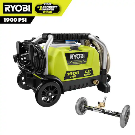 RYOBI 1900 PSI 1.2 GPM Cold Water Wheeled Corded Electric Pressure Washer with Water Broom
