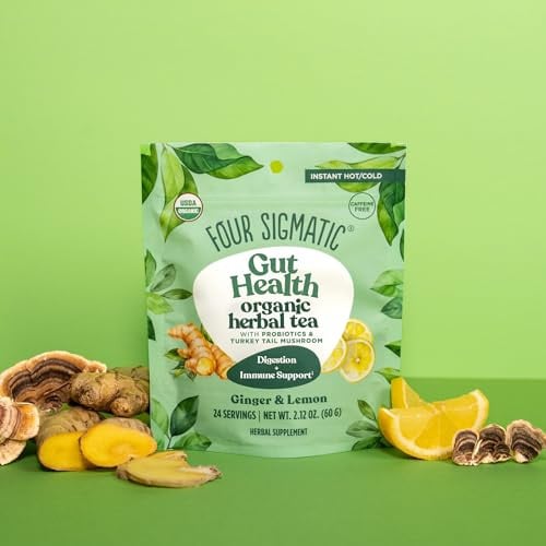 Four Sigmatic Gut Health Organic Herbal Tea 24 Serving (Lemon Ginger Tea w/ Probiotics & Turkey Tail Mushroom)