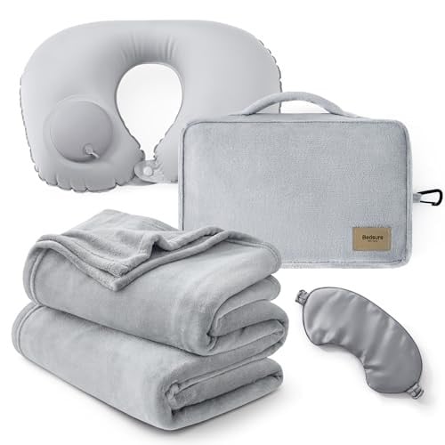 (Prime Deal) Bedsure Travel Blanket Set with Inflatable Neck Pillow and Eye Mask Deal