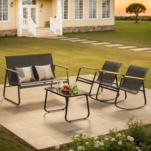 5-Pieces Outdoor Rocking Conversation Set with Loveseat, Wood Armrests and Coffee Table Deal