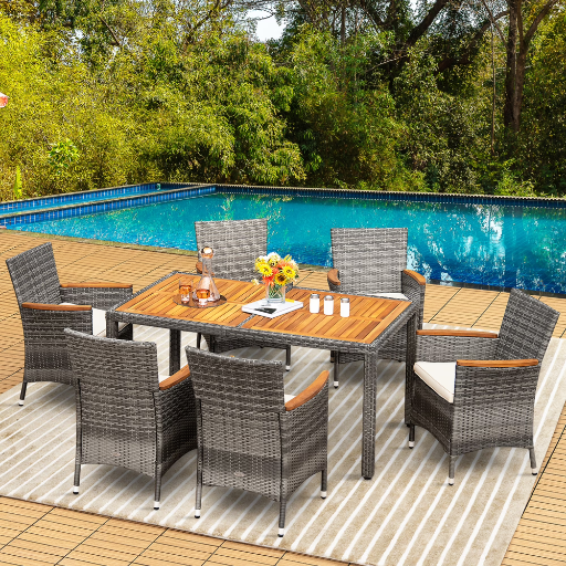 Costway 7-Piece Patio Rattan Dining Set w/ Acacia Wood Table & 6x Cushioned Chairs (Gray)