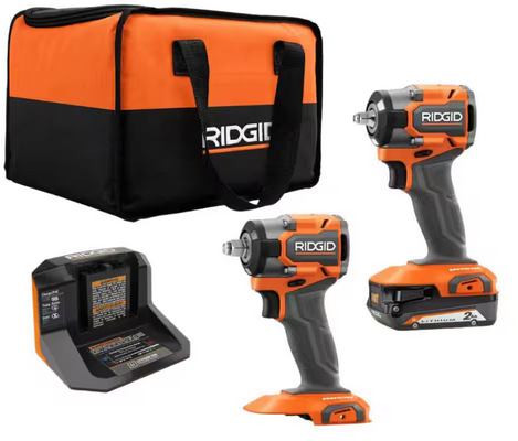 RIDGID 18V Subcompact Brushless Cordless 2-Tool Combo 3/8 and 1/2 Impact Wrench Kit with 2.0 Ah Battery