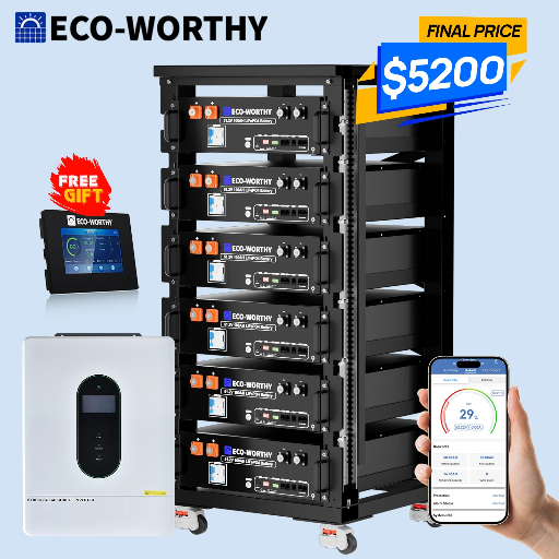 6-Pack ECO-WORTHY 48V 100Ah LiFePO4 Batteries + 12KW 48V Off-Grid Inverter + 6-Tier Server Rack + 48V Battery Monitor