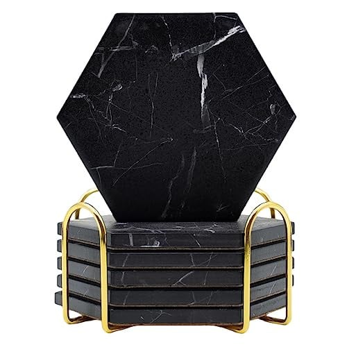 Absorbent Hexagon Black Marble Coasters with Gold Holder -Set of 6 Deal