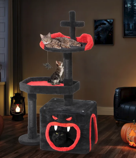 Yitahome 38.5" Gothic Tall Cat Tree Tower with Large Cavern and Big Coffin Bed